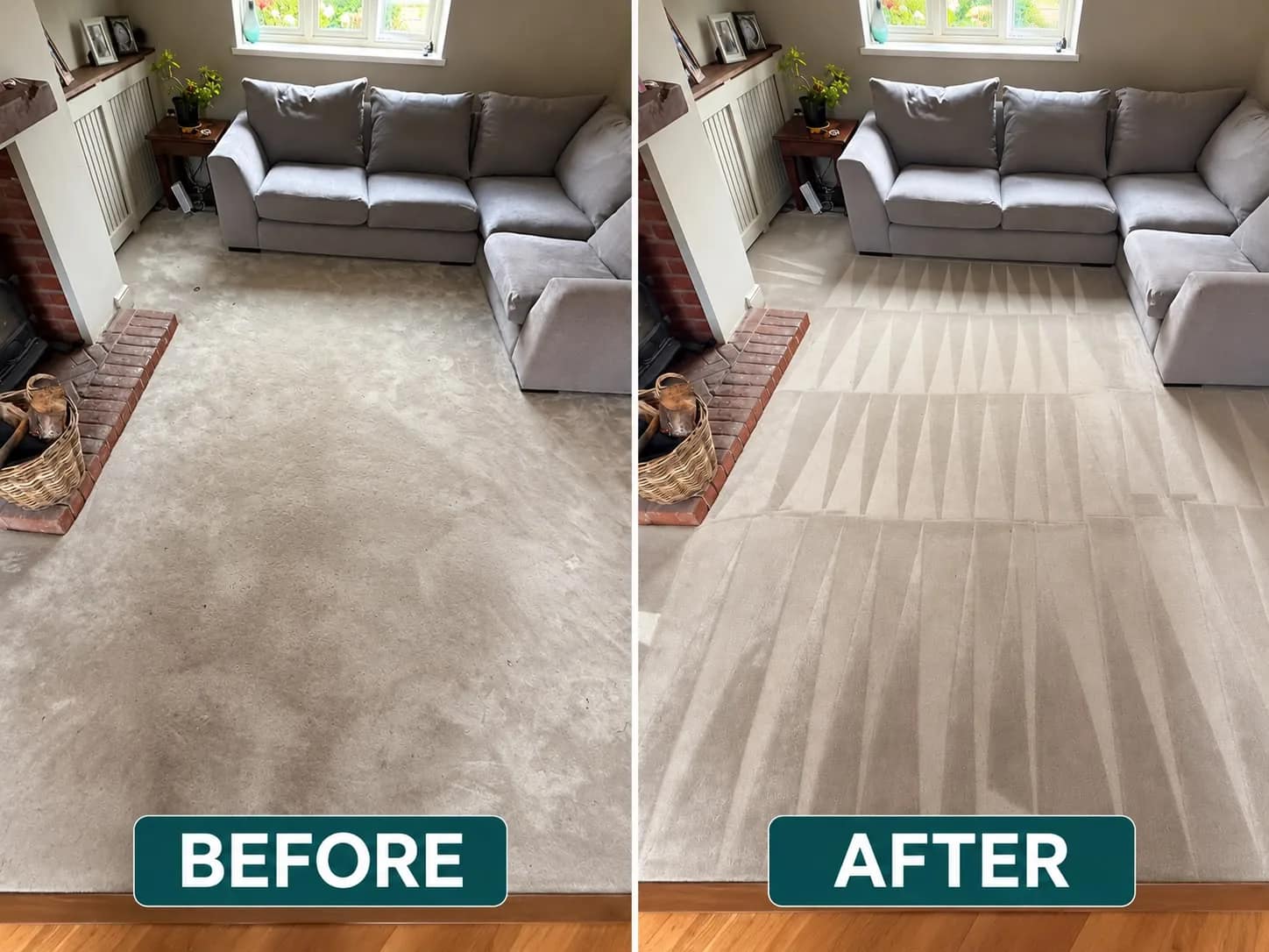 Before and after carpet cleaning in a lounge, with traffic marks lifted and grooming lines through the pile