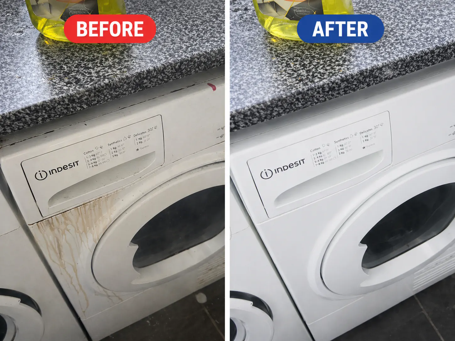 Washing machine exterior before and after cleaning