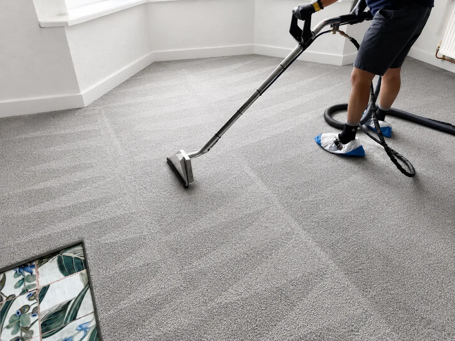 Professional carpet cleaning extraction pass across a bright room