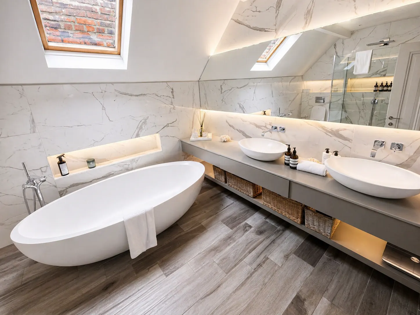Luxury bathroom after deep cleaning with polished surfaces and a spotless finish.